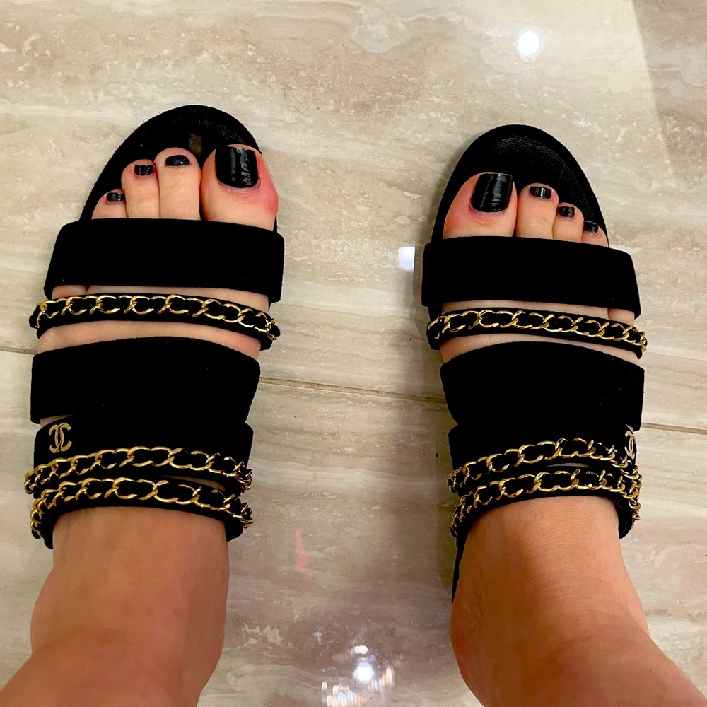 Chanel Sandals Black Gold metal chain